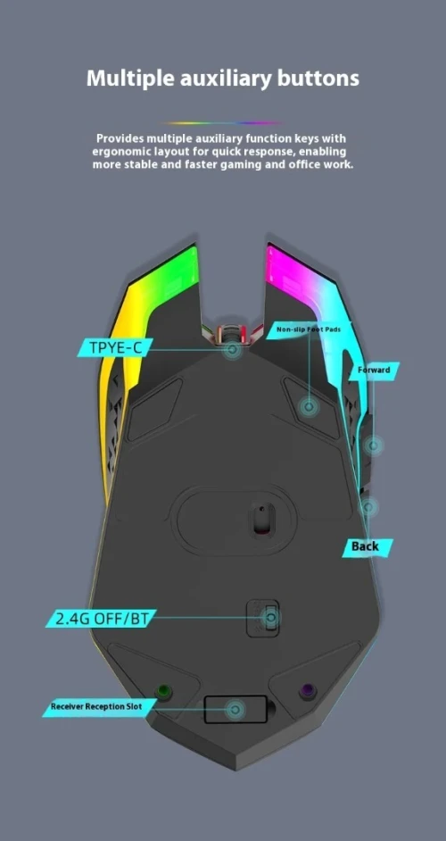 Souris de jeu Bluetooth 5.2 et 2,4 G double mode 1600 DPI Clic silencieux 6 boutons Rechargeable