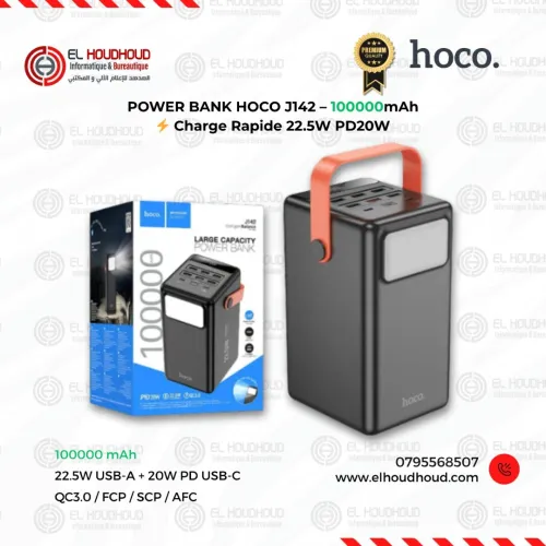 HOCO J142 Power Bank 100000mAh Originale  Charge Rapide 22.5W PD20W | 7 Sorties USB & Lampe LED intégrée
