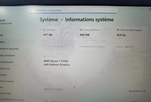 ACER ASPIRE 3 15 RYZEN 7 5700U 16GB DDR4 512GB SSD 15.6P