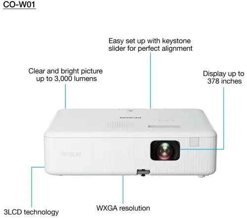VIDEO PROJECTEUR EPSON CO-W01 3LCD Résolution WXGA 3000 Lumens HDMI/USB Haut-parleur intégré