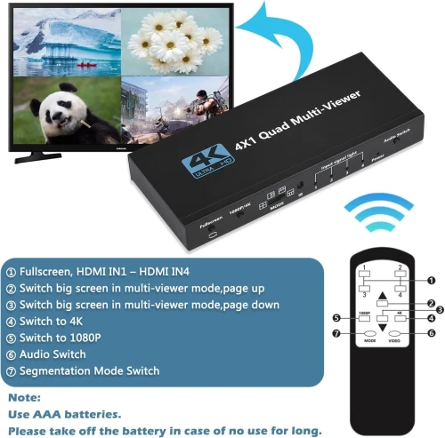 Multi Affichage / Viewer / Visualiseur / HDMI 4x1 , 1080p et 4K avec Contrôle Avancé