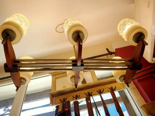 Lustre art déco à 6 lumières en bois de palissandre, chrome et verre d'art LIQUIDATION