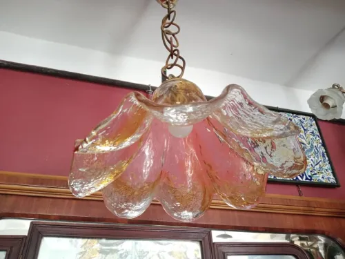 Lustre, suspension, Pendentif en verre d'art ambré de Murano des années 1970, desinger Mazzega 