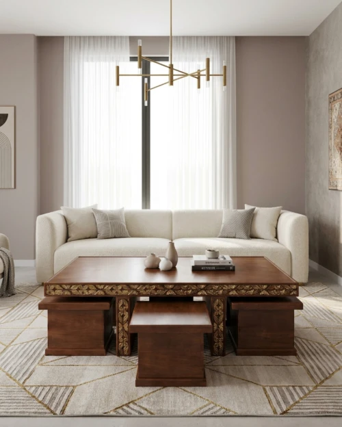 Grande Table basse mauresque syreinne de luxe avec ses 6 tabourets encastrables