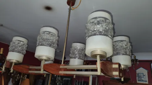 Lustre art déco à 6 lumières en bois de palissandre, chrome et verre d'art LIQUIDATION