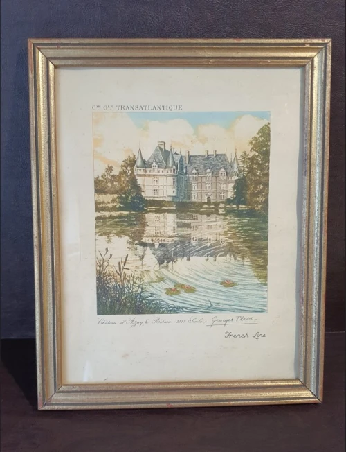 2 Tableaux Gravure couleur Signé Georges Plasse (1878-1948), 2 Châteaux, Cadre Doré à la feuille