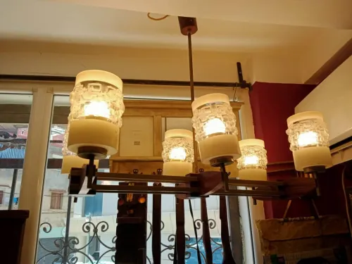 Lustre art déco à 6 lumières en bois de palissandre, chrome et verre d'art LIQUIDATION