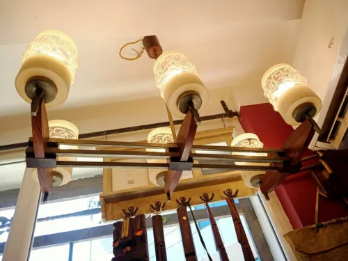 Lustre art déco à 6 lumières en bois de palissandre, chrome et verre d'art LIQUIDATION