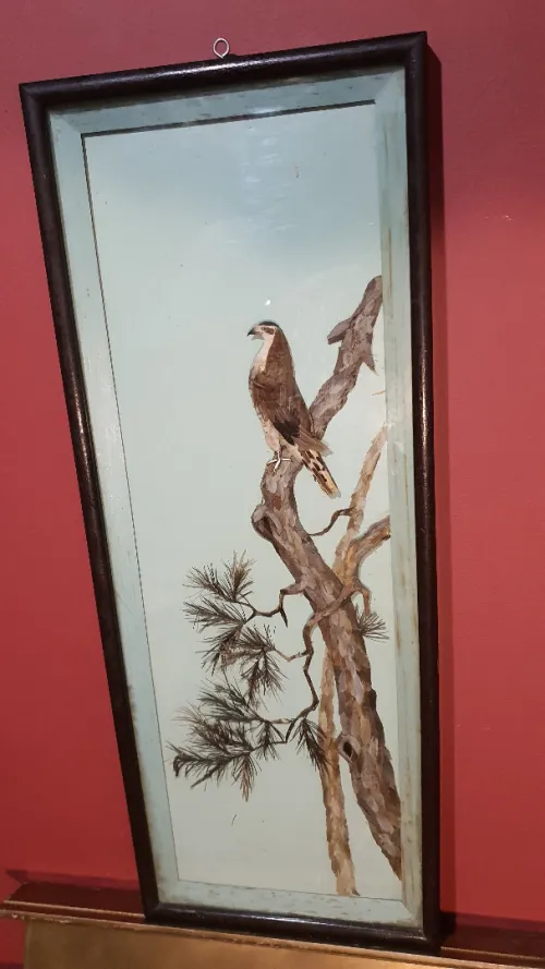 Ancien grand tableau Diorama chinois en relief fait avec de véritables plumes 60's