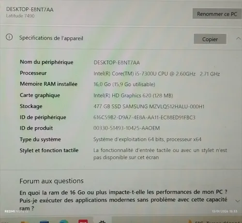 Pc portable Dell latitude 7450 i5 7300U 16GB/512GB