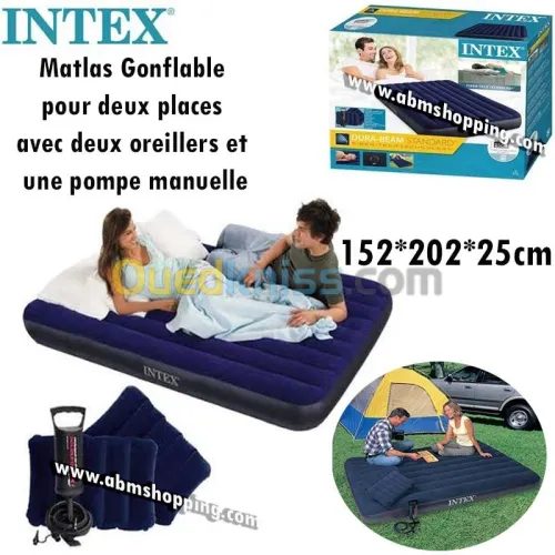Matelas Gonflables pour 2 places avec 2 oreillers et pompe à Pied 202x152x25cm  Intex