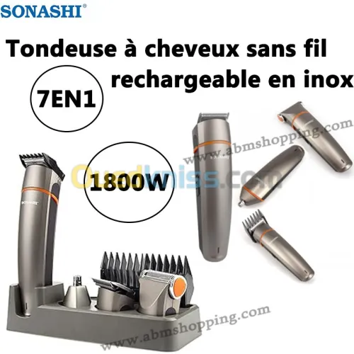 GRANTIE produit 2 ans Tondeuse à cheveux sans fil rechargeable en inox 7en1 1800W | SONASHI