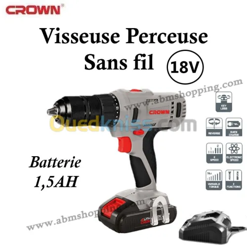 Visseuse Perceuse Sans Fil 18V , Batterie 1,5AH | CROWN