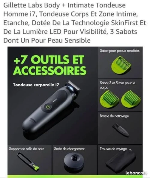 rasoir electrique Gillette Labs Body + Intimate i7 - 2 sabots - 100 min - socle de recharge - lumiere led - hausse de transport