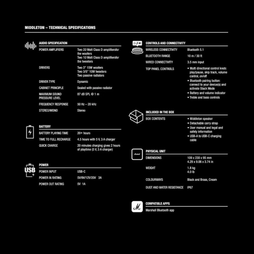 Marshall Middleton Haut-Parleur Bluetooth Portable sans Fil , 20+ Heures de Lecture , Étanche IP67