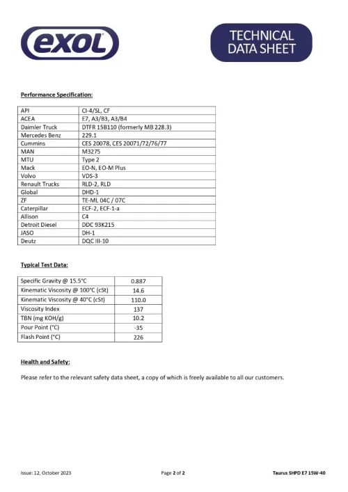 EXOL TAURUS SHPD E7 15W-40 TD - FUT 200L