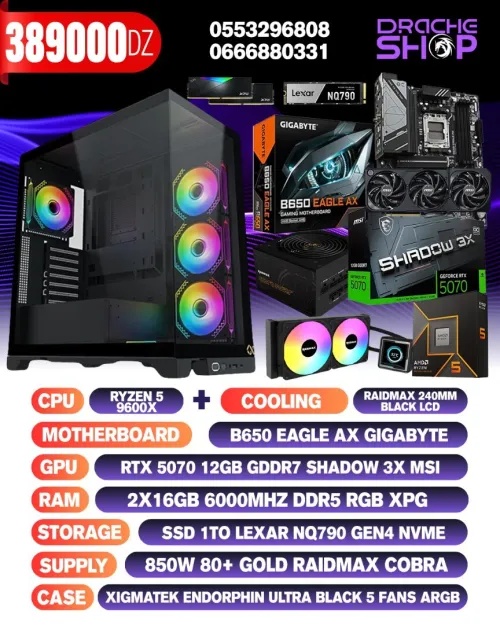 Config Ryzen 5 9600x + WC Raidmax 240mm RTX 5070 12GB RAM 2X16GB DDR5 SSD NVME 1TB
