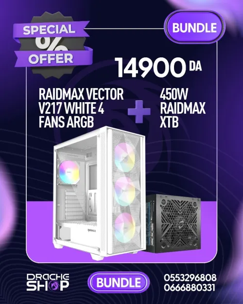 BUNDLE PSU 450W Raidmax XTB + Case Raidmax Vector V217 White 4 Fans Argb