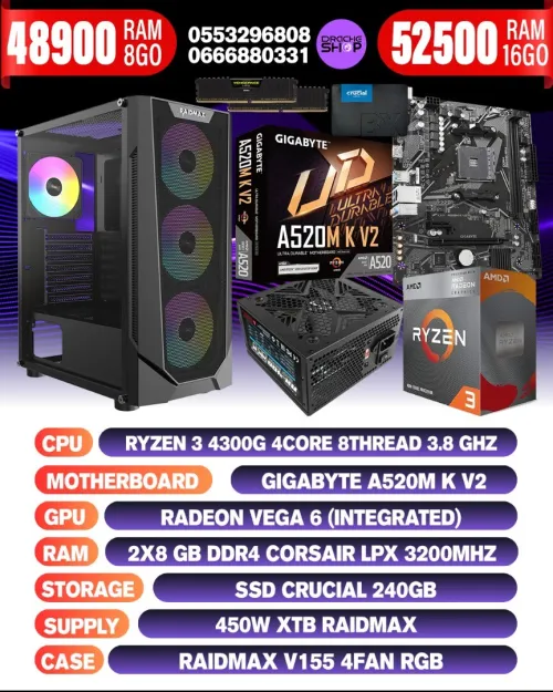Config Ryzen3 4300G RAM 8/16GB SSD 256GB