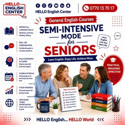 General English Courses Semi-intensive Mode for Seniors دورة اللغة الإنجليزية العامة نمط شبه مكثف للكبار