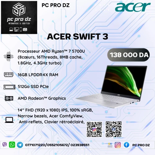  ACER Swift 3 Ryzen 7 5700U 16 Go LPDDR4X 512 Go SSD AMD Radeon Graphics 13 Pouces FHD 