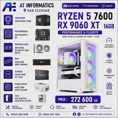 CONFIG PC GAMING AMD RYZEN 5 7600 AVEC RX 9060 XT 16GB ASUS DUAL WHITE