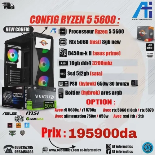 CONFIG PC GAMING AMD RYZEN 5 5600 BOX AVEC RTX 5060 8GB MSI VENTUS 2X NEW