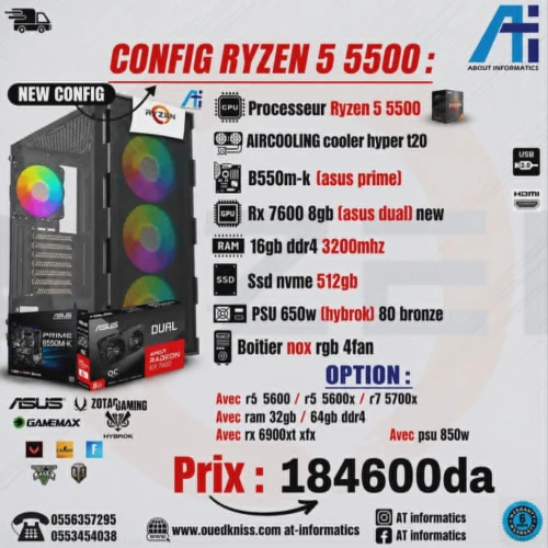 CONFIG PC GAMING RYZEN 5 5500 BOX AVEC AMD RX 7600 8GB ASUS DUAL NEW