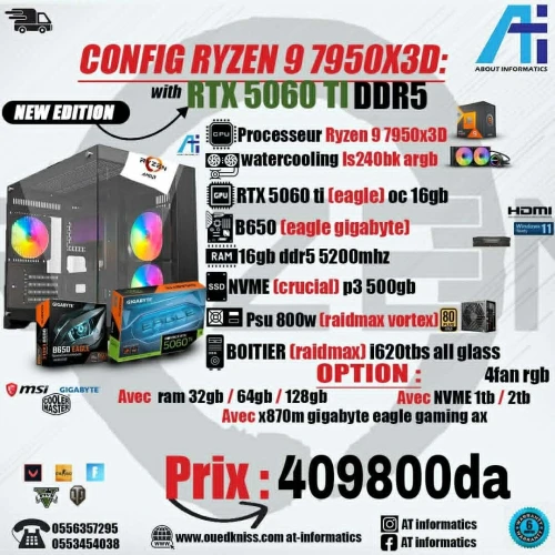 CONFIG PC GAMING AMD RYZEN 9 7950X3D AVEC RTX 5060 TI 16GB EAGLE GIGABYTE OC NEW