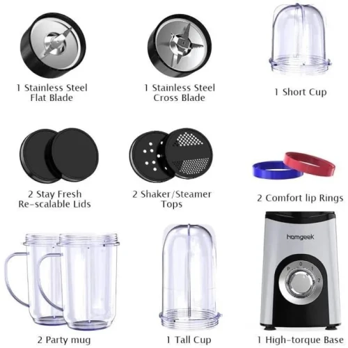 Homgeek Mini Blender BL335 Mixeur Multifonction avec 4 Bouteilles 350W