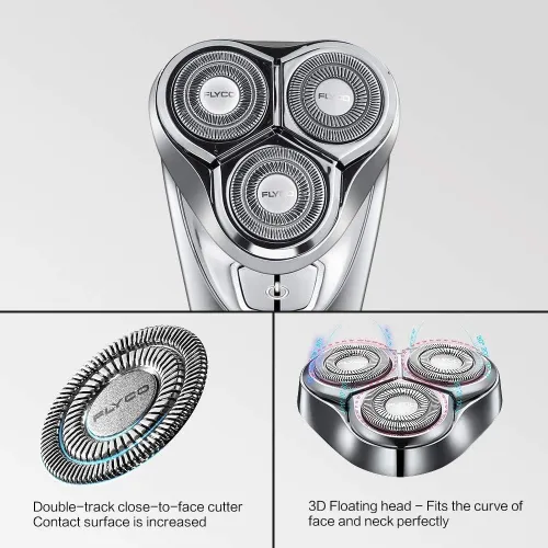 FLYCO Rasoir Electrique Homme, Rechargeable Etanche Technologie Wet&Dry, 3D Têtes Rotatives avec Tondeuse barbe et écran à LED Intelligent pour Adolescent/Adult - FS339EU, Gris Clair