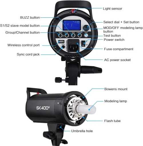 GODOX SK400II Compact 400Ws Studio Flash Strobe Light Built-in 2.4G Système X sans Fil GN65 5600K 