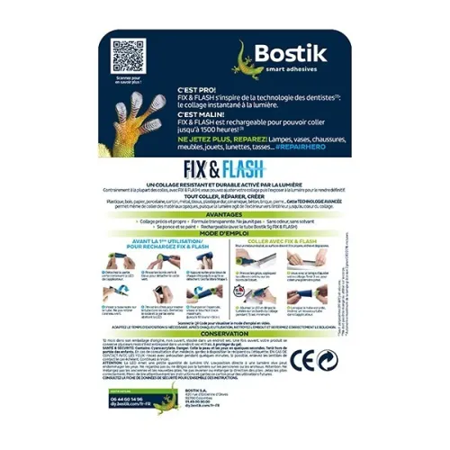 Bostik Fix & Flash Colle de Réparation Lumière UV (Colle Forte Photoactive) Applicateur et Tube