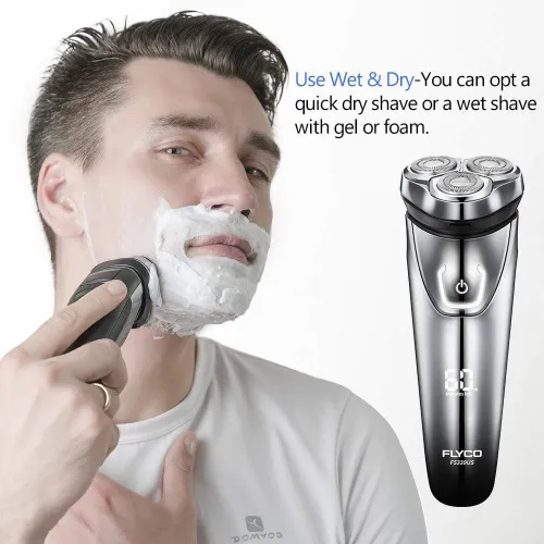 FLYCO Rasoir Electrique Homme, Rechargeable Etanche Technologie Wet&Dry, 3D Têtes Rotatives avec Tondeuse barbe et écran à LED Intelligent pour Adolescent/Adult - FS339EU, Gris Clair