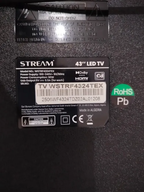 Télévision stream 43'' sans afficheur (cassé) 