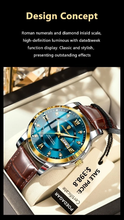 POEDAGAR, Montre de Luxe Homme, bracelet cuir, Étanche,à Quartz, de Haute qualité