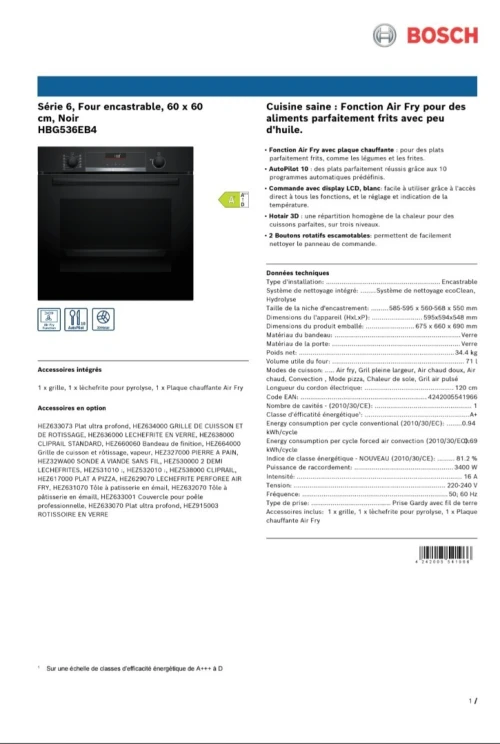 FOUR BOSCH ENCASTRABLE ÉLECTRIQUE VENTILÉ 71L SÉRIE 6 HYDROLYSE AIR FRYER HBG536EB4
