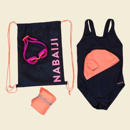 KIT NATATION FILLE 100 START : MAILLOT DE BAIN, LUNETTES, BONNET, SERVIETTE, SAC