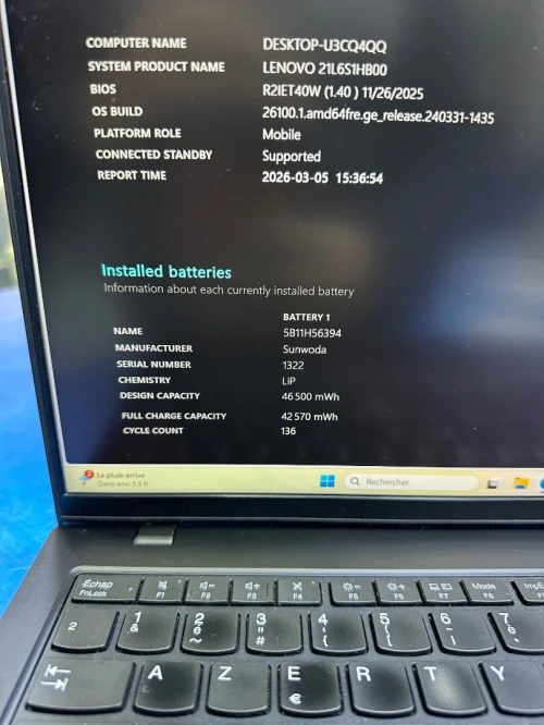 THINKPAD L14 GEN5 CORE : RYZEN 5 PRO 7535U DISC :  512 GB  (SSD)  RAM : 16 GB