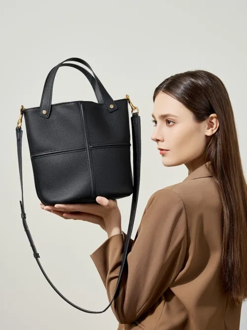 Sac seau cuir de vache pleine fleur style coréen niche nouveau modèle polyvalent grande capacité pour le travail élégant bandoulière