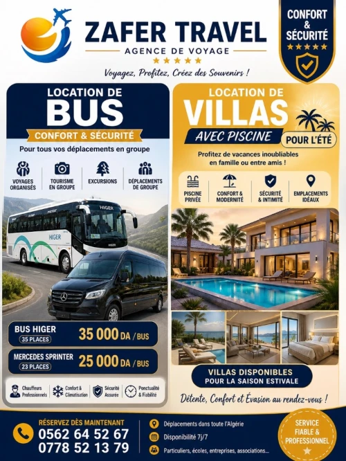 location bus avec chauffeur /excursion /location villa piscine été Algérie