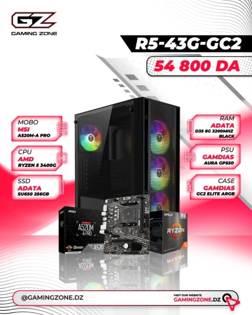 GAMINGZONE CONFIG PC R5-43G-GC2 RYZEN 5 3400G - MSI A520M-A PRO - 8GB RAM 3200MHZ - SSD 256GB- 550 WATTS GARANTIE 18 MOIS