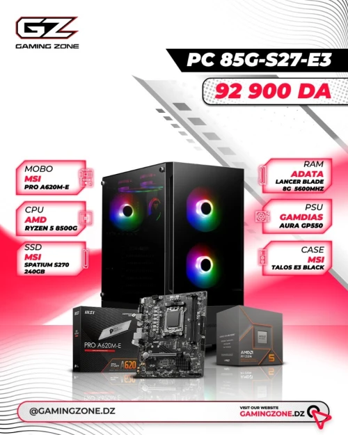 GAMINGZONE CONFIG PC 85G-S27-E3 RYZEN 5 8500G - A620M-E - SSD 240GB - 8GB RAM DDR5 5600MHZ - 550 WATTS GARANTIE 18 MOIS
