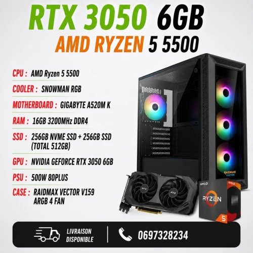 Pc gamer rayzen 5 5500 Rtx 3050 16gb ram