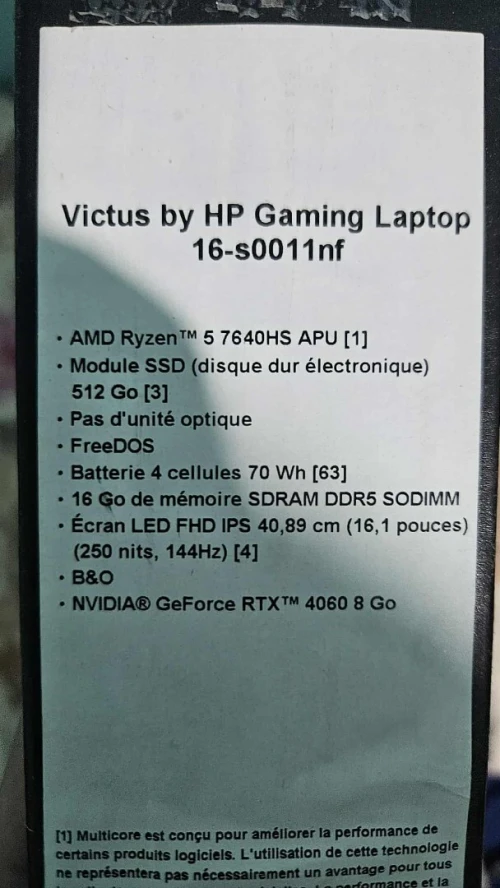 HP VICTUS 16-s0025nf(AMD Ryzen 5 7640HS/RTX 4060/RAM 16 GB /SSD 512 GB /ECRAN 16 144HZ)