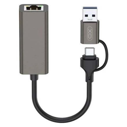 XO-018  HUB  2-in-1 USB-C / USB-A to Ethernet Adapter - RJ45, 100Mbps - Grey