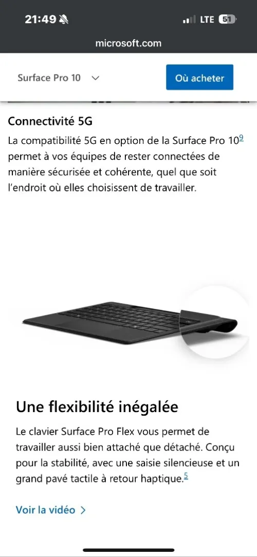 Surface Pro 10 pour les entreprises Microsoft Intel Core Ultra 5 256GB 135U 8GB RAM platinum 