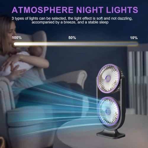 Ventilateur de Bureau Double Tête Rechargeable USB - مروحة المكتب المكتبية المزدوجة بـ 3 سرعات