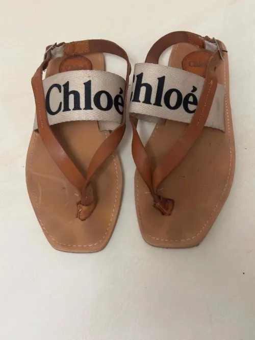 Sandales entre-doigts CHLOE modèle Woody en toile et cuir marron claire en Excellent état, portée seulement 4 jours