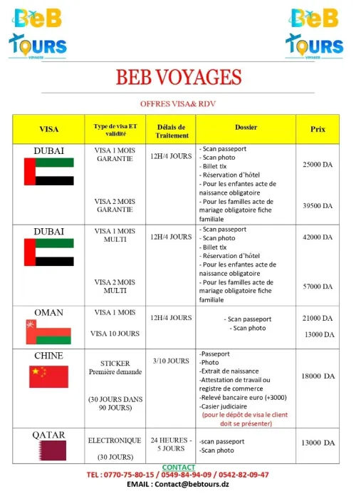 Offres Visa & Rendez-vous 2025 | Dubaï, Chine, Qatar, USA, EuropE